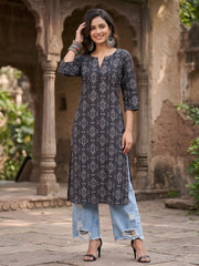 Black Printed Straight Kurta with Three Quarter Sleeves