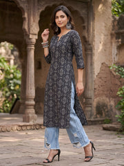 Black Printed Straight Kurta with Three Quarter Sleeves