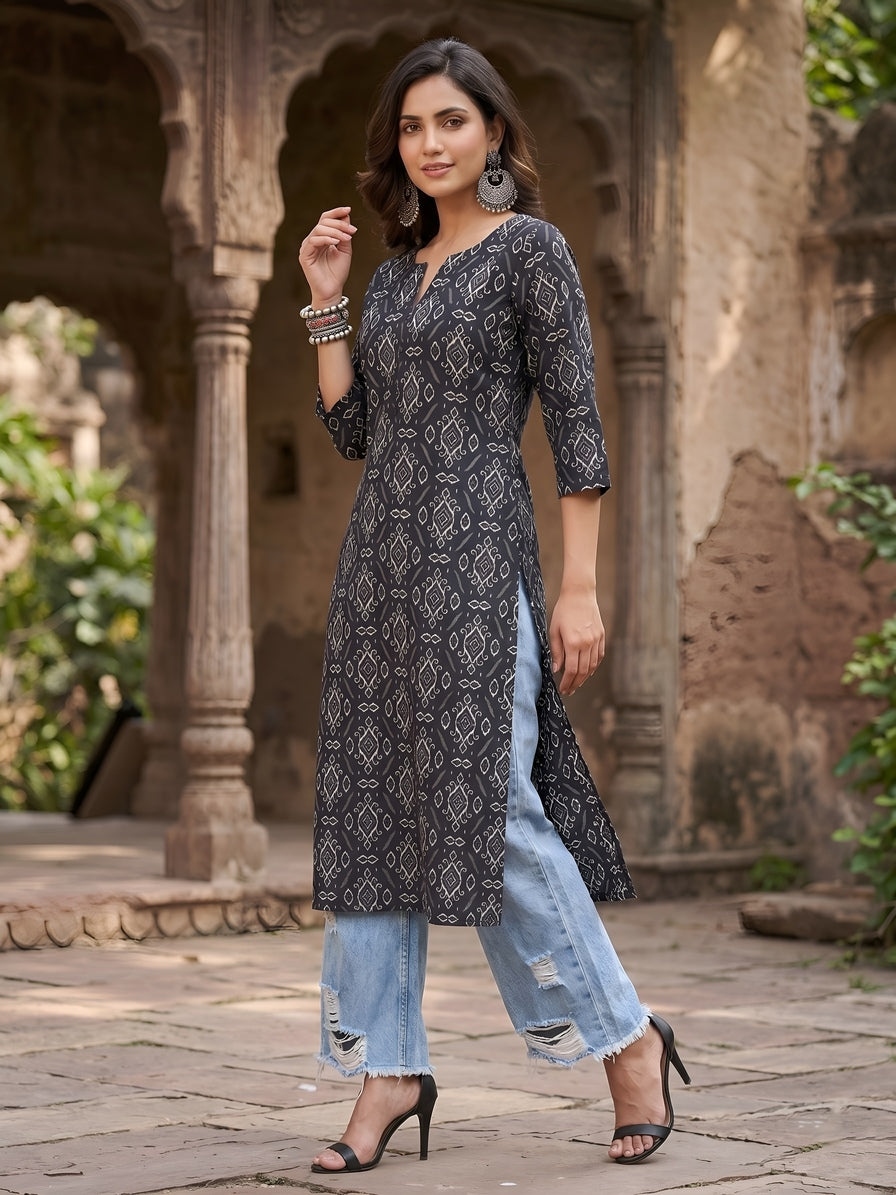 Black Printed Straight Kurta with Three Quarter Sleeves