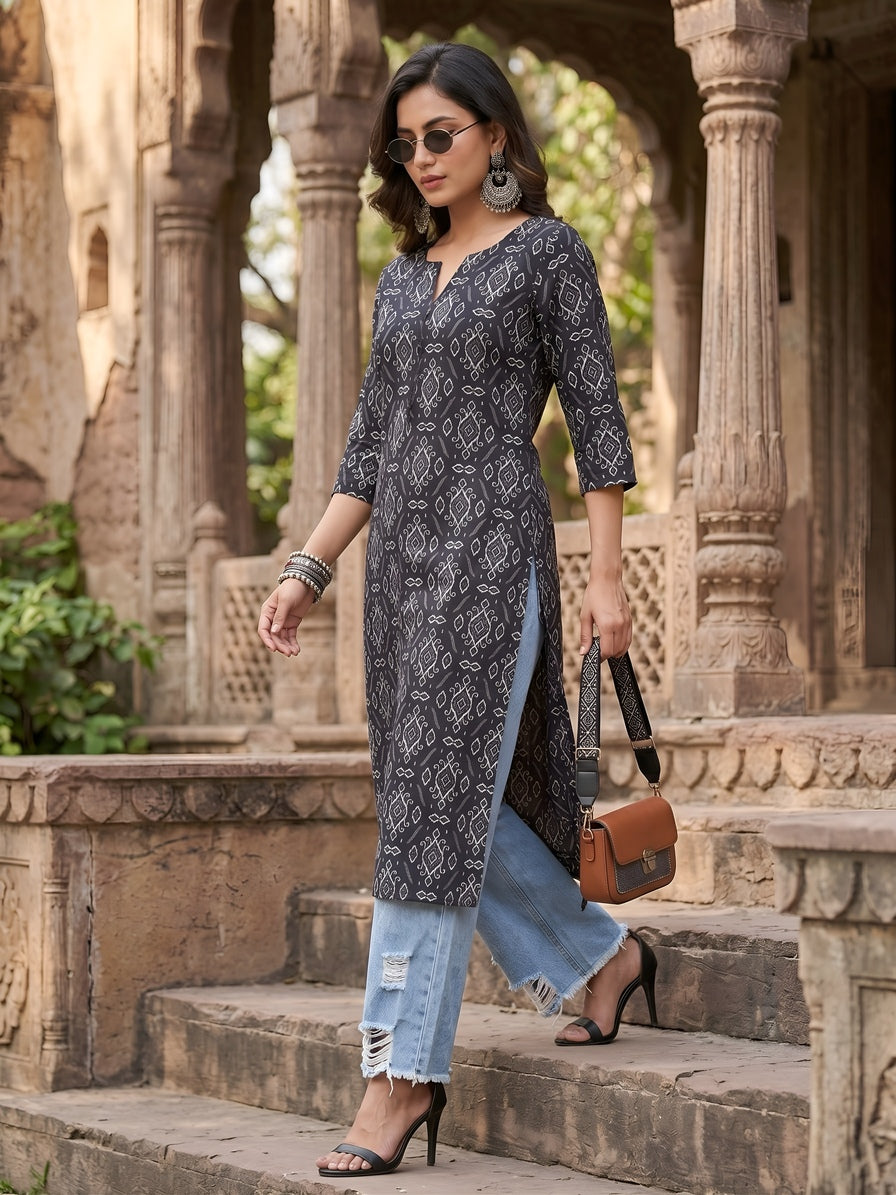 Black Printed Straight Kurta with Three Quarter Sleeves