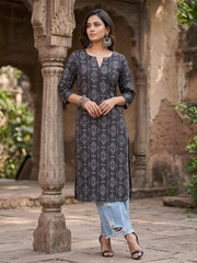 Black Printed Straight Kurta with Three Quarter Sleeves