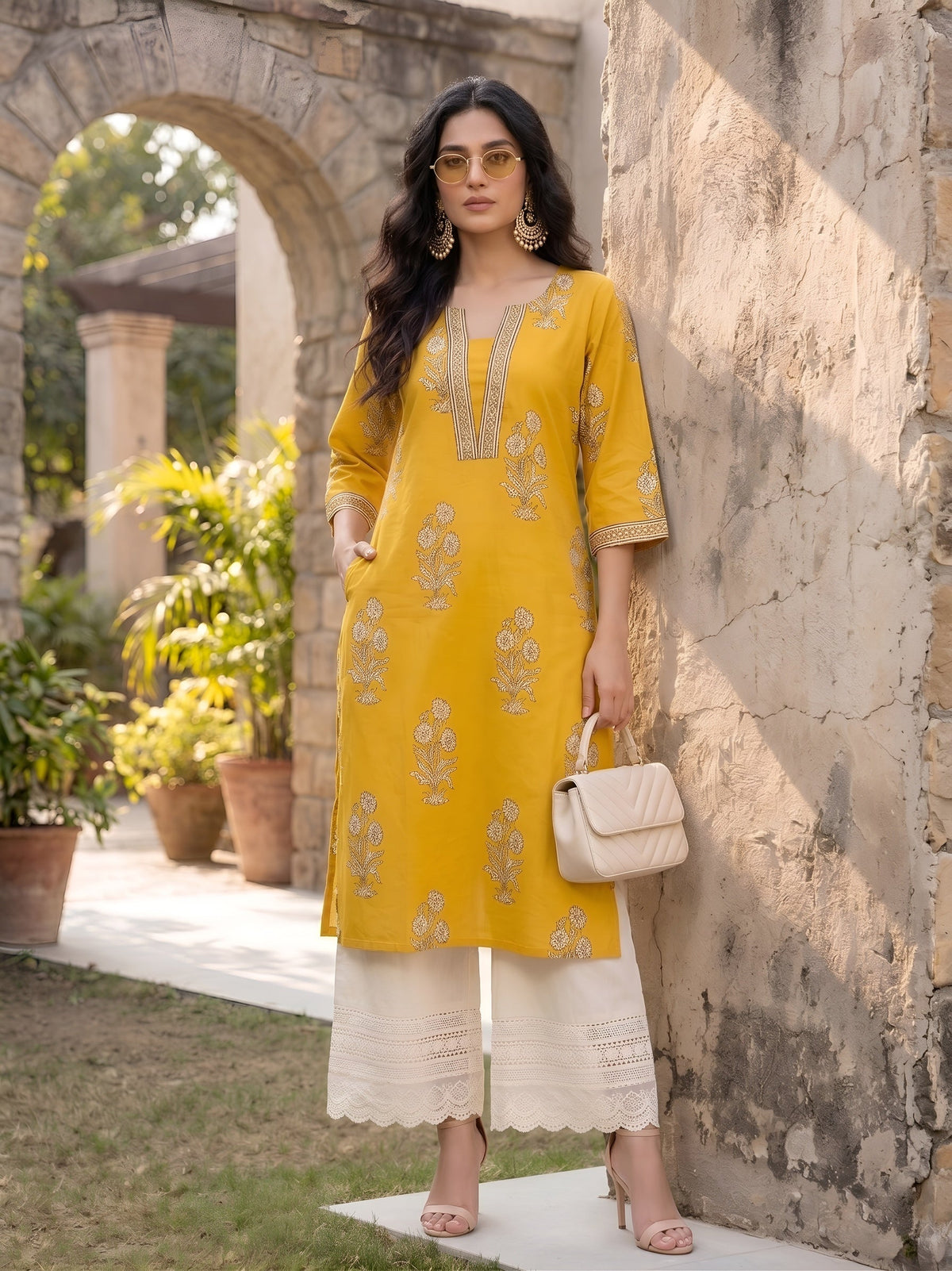 Yellow Printed Straight Kurta with Three Quarter Sleeves