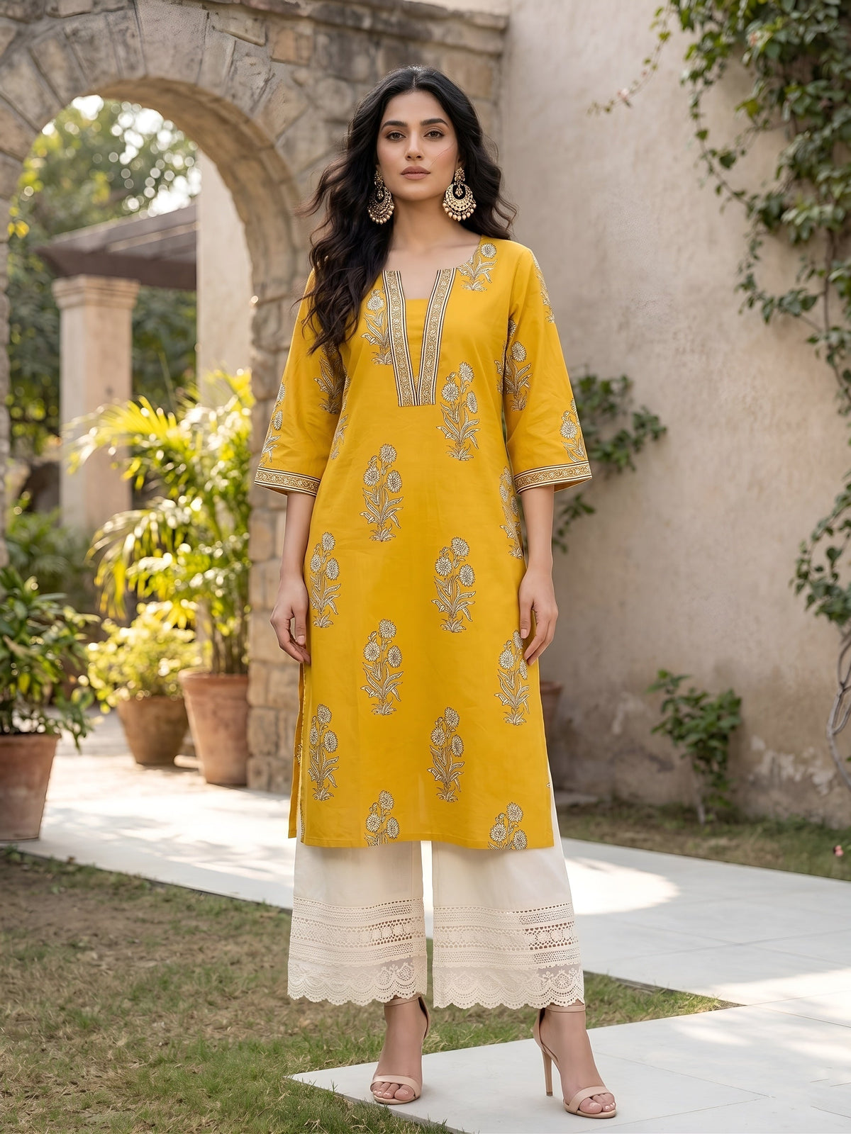 Yellow Printed Straight Kurta with Three Quarter Sleeves