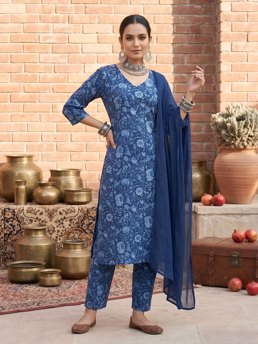 Blue Printed Straight Kurta Set With Dupatta for Women