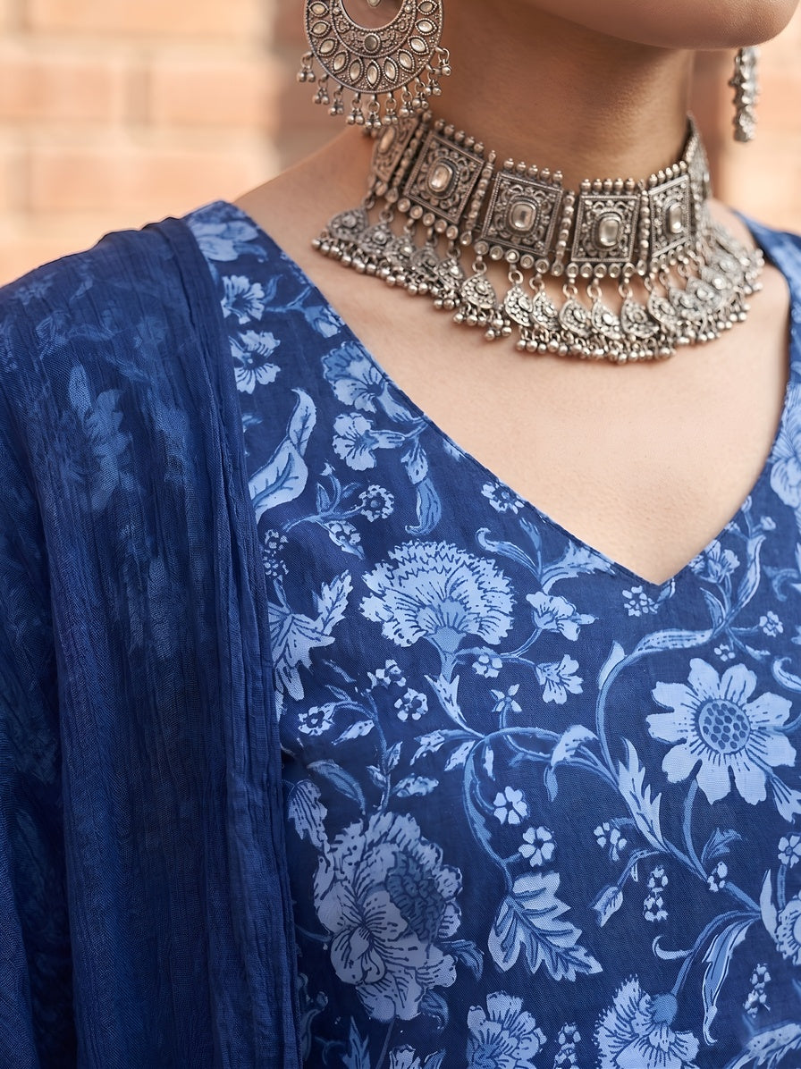 Blue Printed Straight Kurta Set With Dupatta for Women