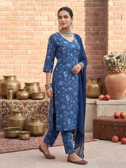 Blue Printed Straight Kurta Set With Dupatta for Women