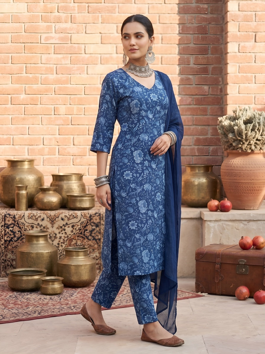 Blue Printed Straight Kurta Set With Dupatta for Women