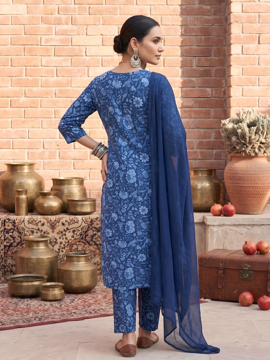 Blue Printed Straight Kurta Set With Dupatta for Women