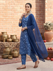 Blue Printed Straight Kurta Set With Dupatta for Women