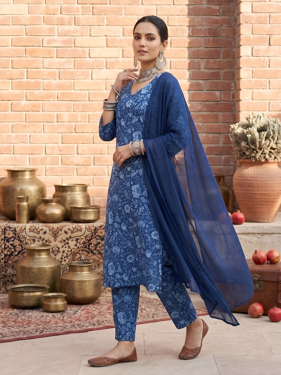 Blue Printed Straight Kurta Set With Dupatta for Women