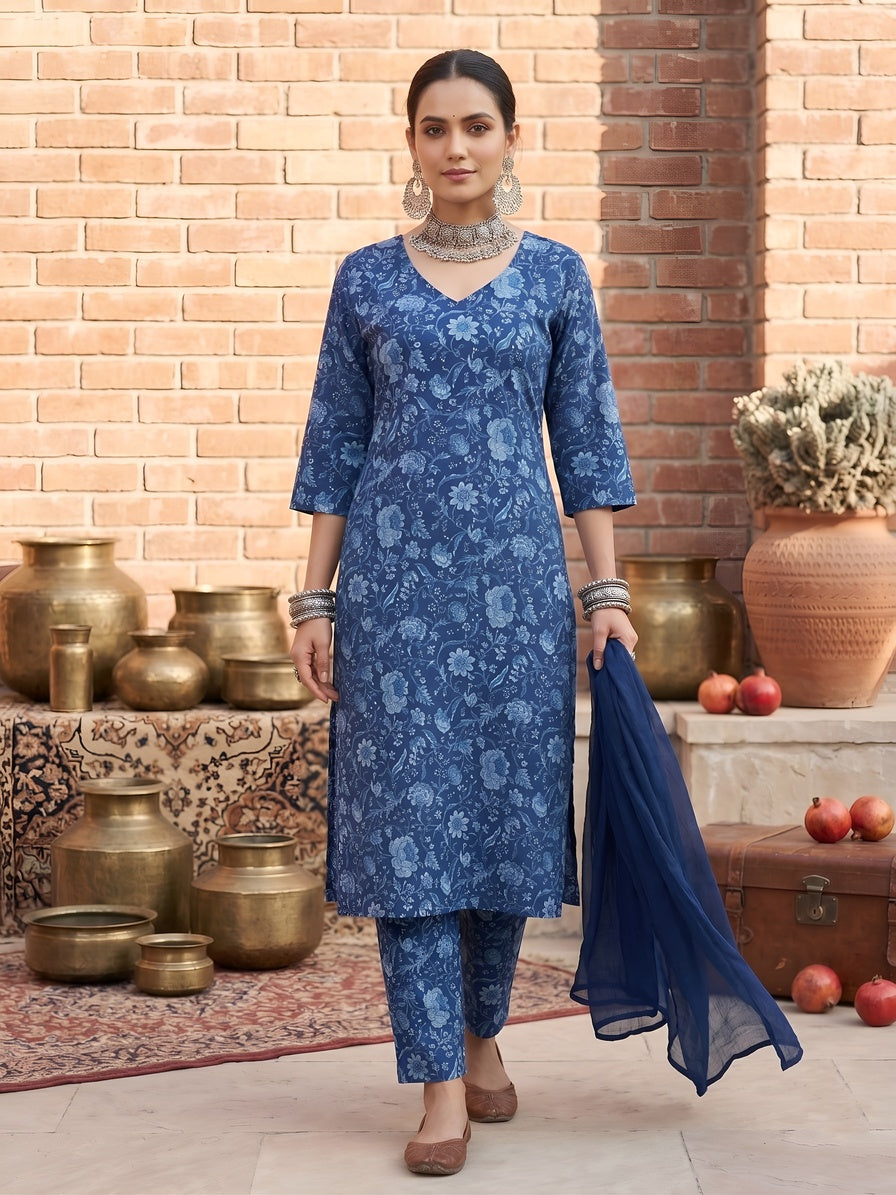 Blue Printed Straight Kurta Set With Dupatta for Women