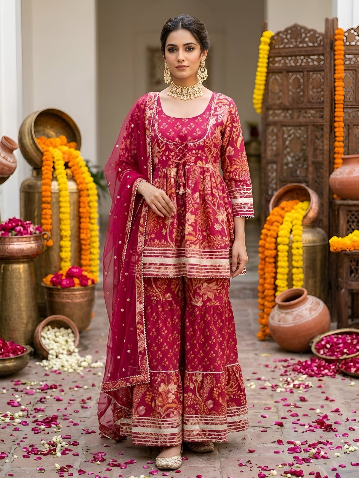 Magenta Printed Peplum Kurta Set With Dupatta for Women