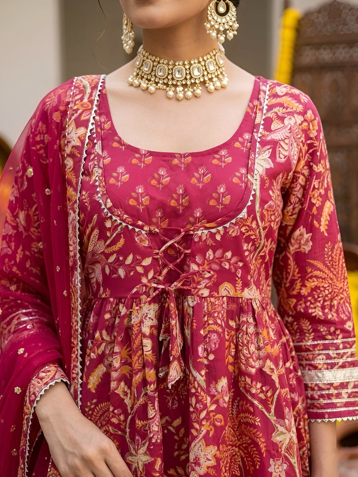 Magenta Printed Peplum Kurta Set With Dupatta for Women
