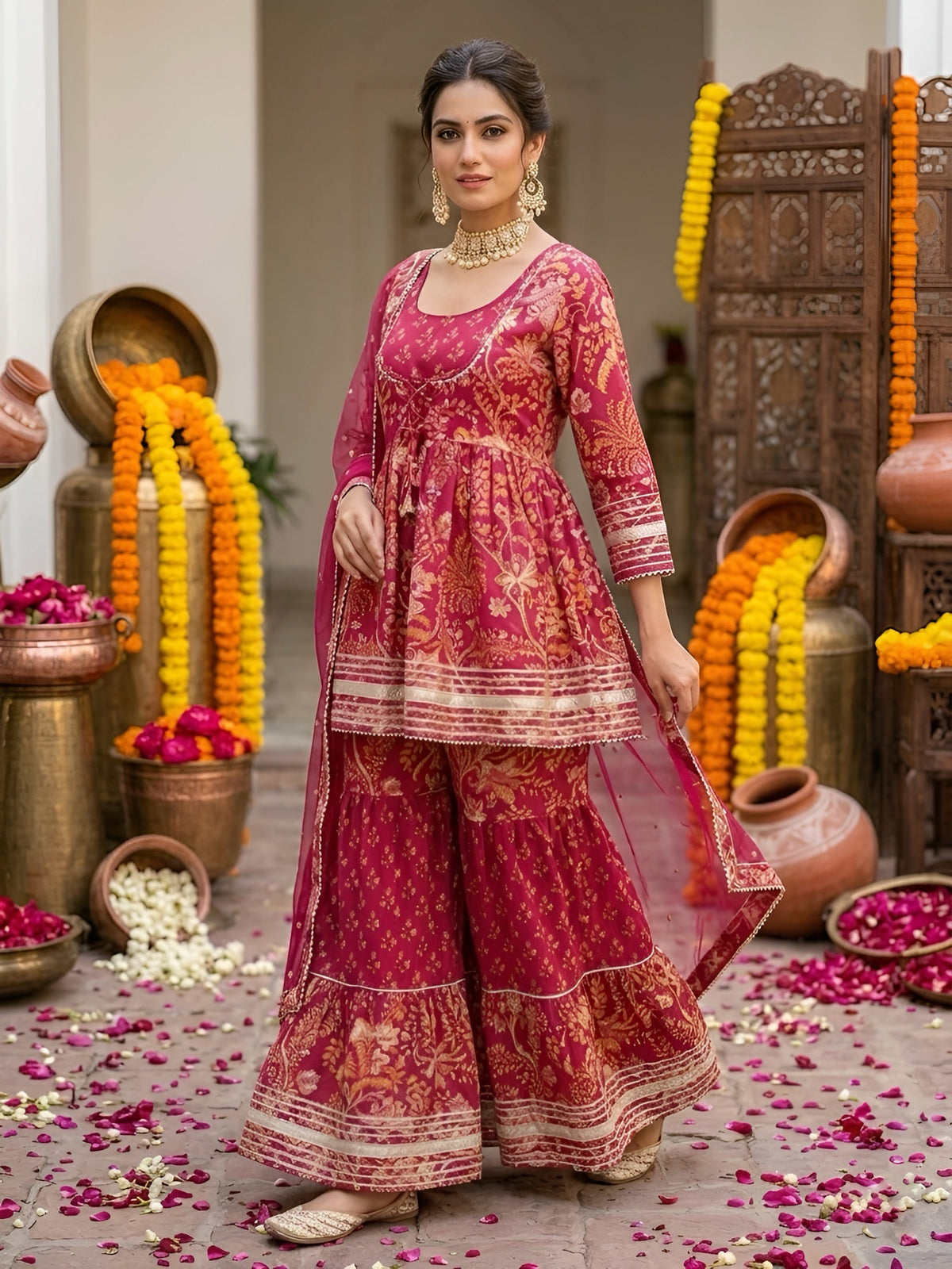 Magenta Printed Peplum Kurta Set With Dupatta for Women