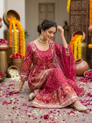 Magenta Printed Peplum Kurta Set With Dupatta for Women