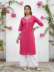 Pink Printed Straight Kurta with Three Quarter Sleeves