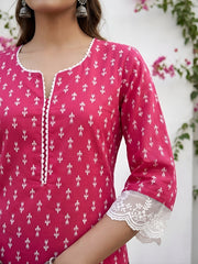 Pink Printed Straight Kurta with Three Quarter Sleeves