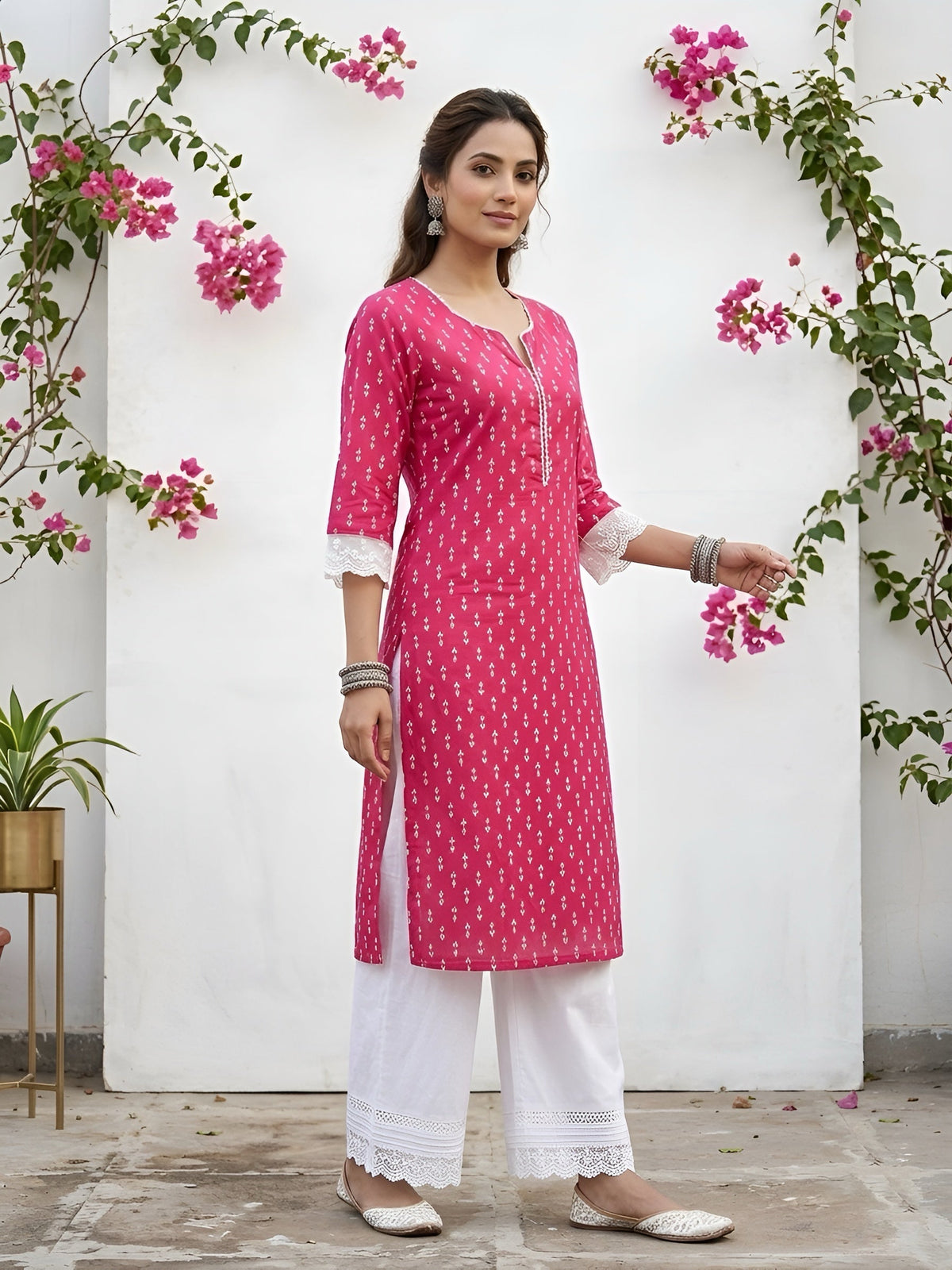 Pink Printed Straight Kurta with Three Quarter Sleeves