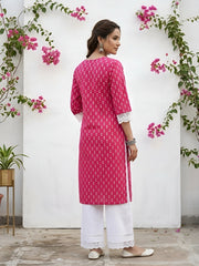 Pink Printed Straight Kurta with Three Quarter Sleeves