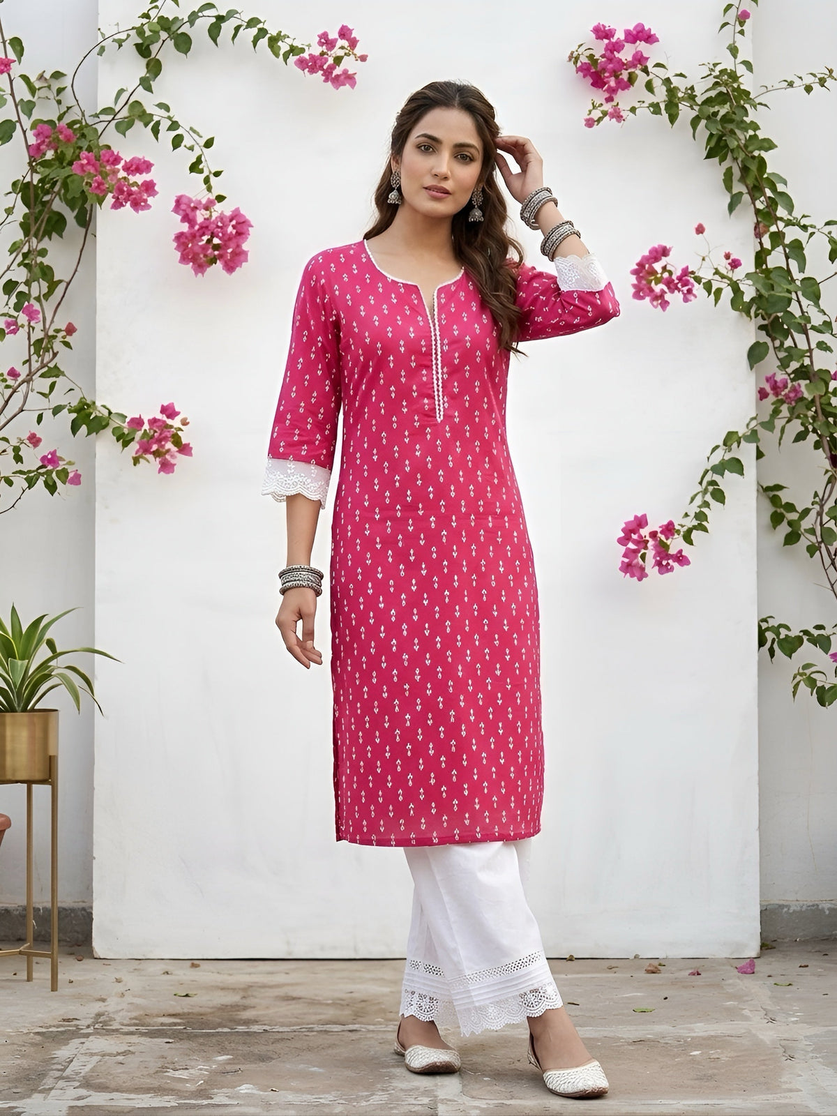 Pink Printed Straight Kurta with Three Quarter Sleeves