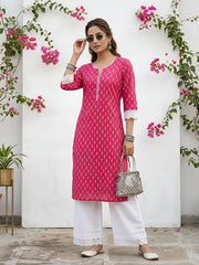 Pink Printed Straight Kurta with Three Quarter Sleeves