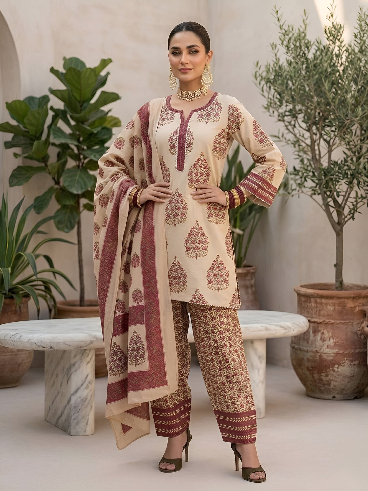 Kamya Beige Printed Straight Kurta Set With Dupatta for Women