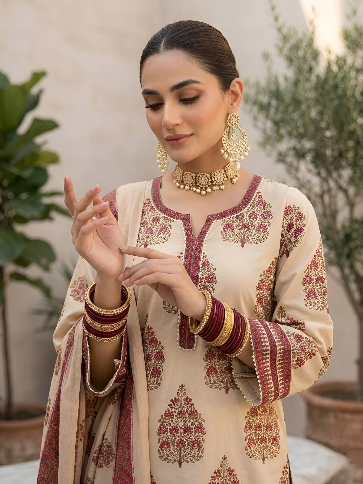 Kamya Beige Printed Straight Kurta Set With Dupatta for Women