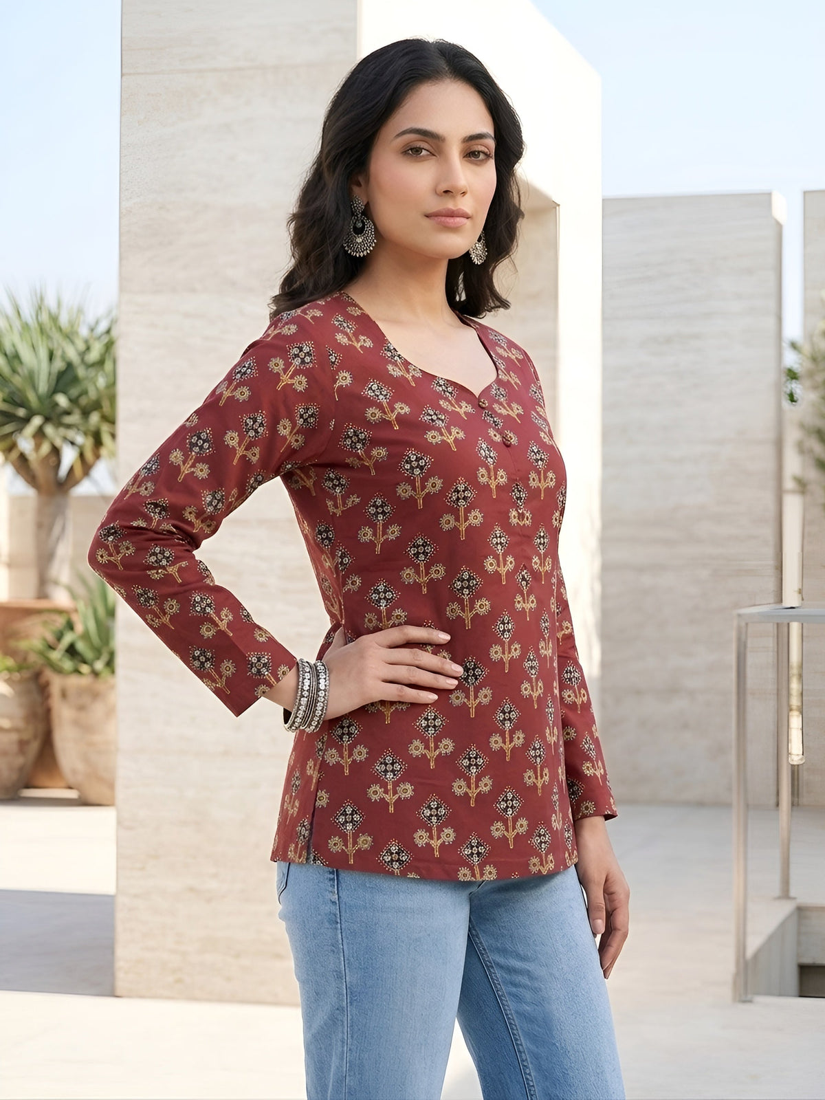Women Maroon Printed Straight Tunic