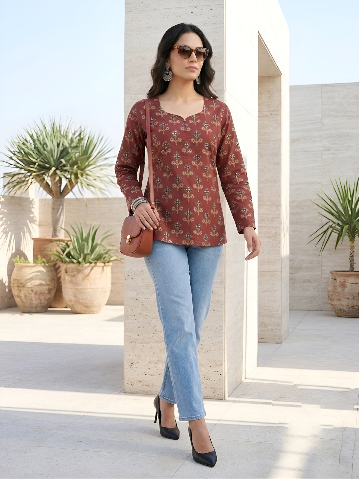 Women Maroon Printed Straight Tunic
