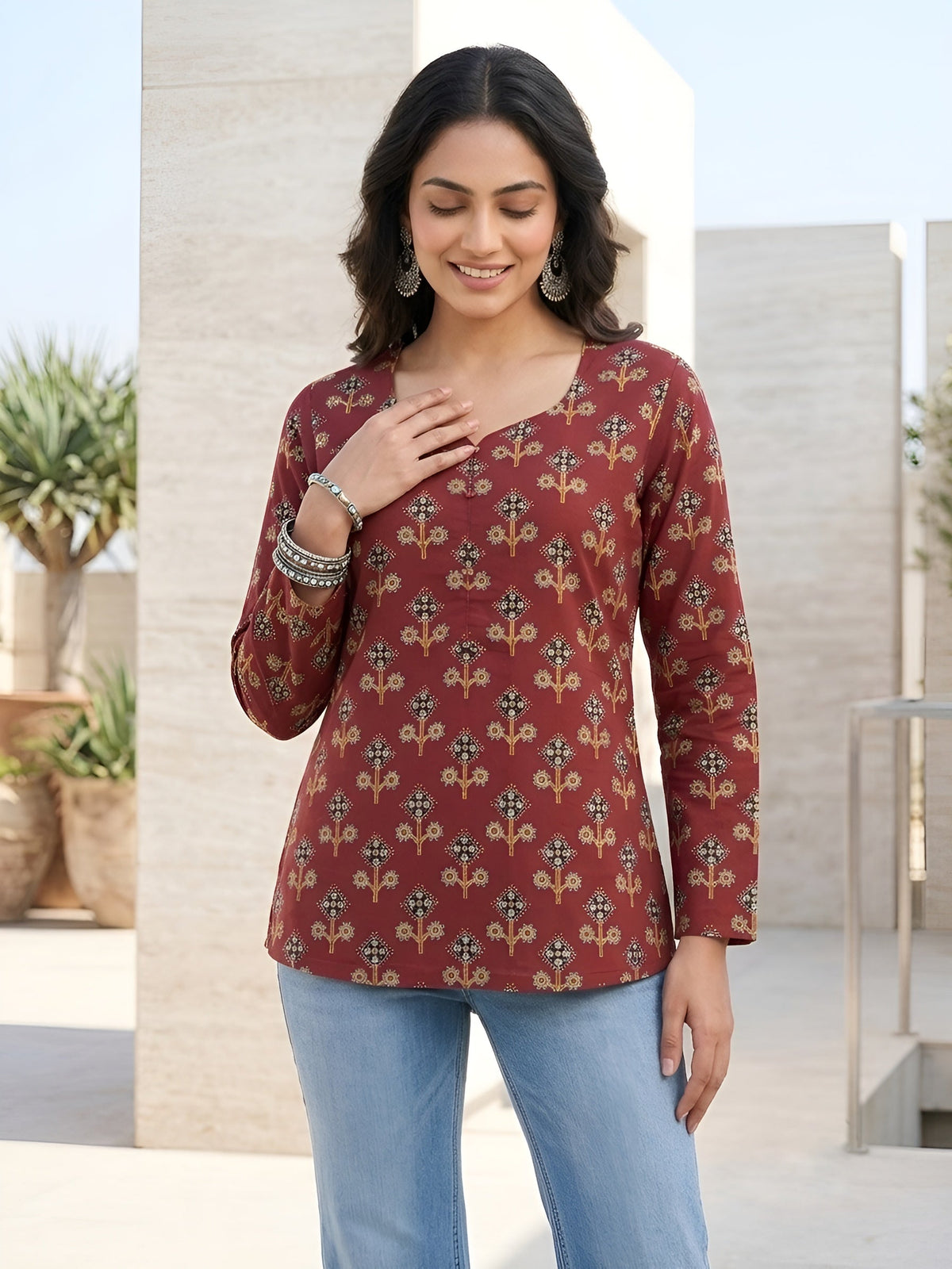 Women Maroon Printed Straight Tunic