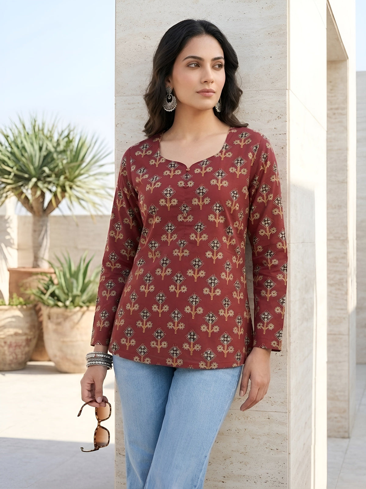 Women Maroon Printed Straight Tunic