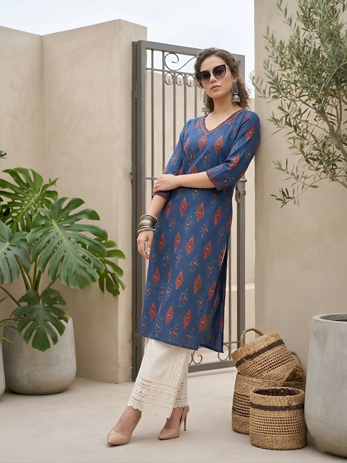 Blue Printed Straight Kurta with Three Quarter Sleeves
