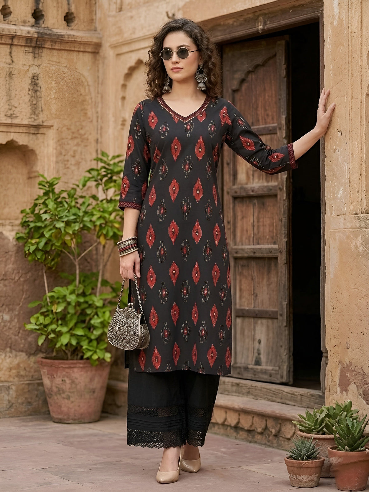 Black Printed Straight Kurta with Three Quarter Sleeves