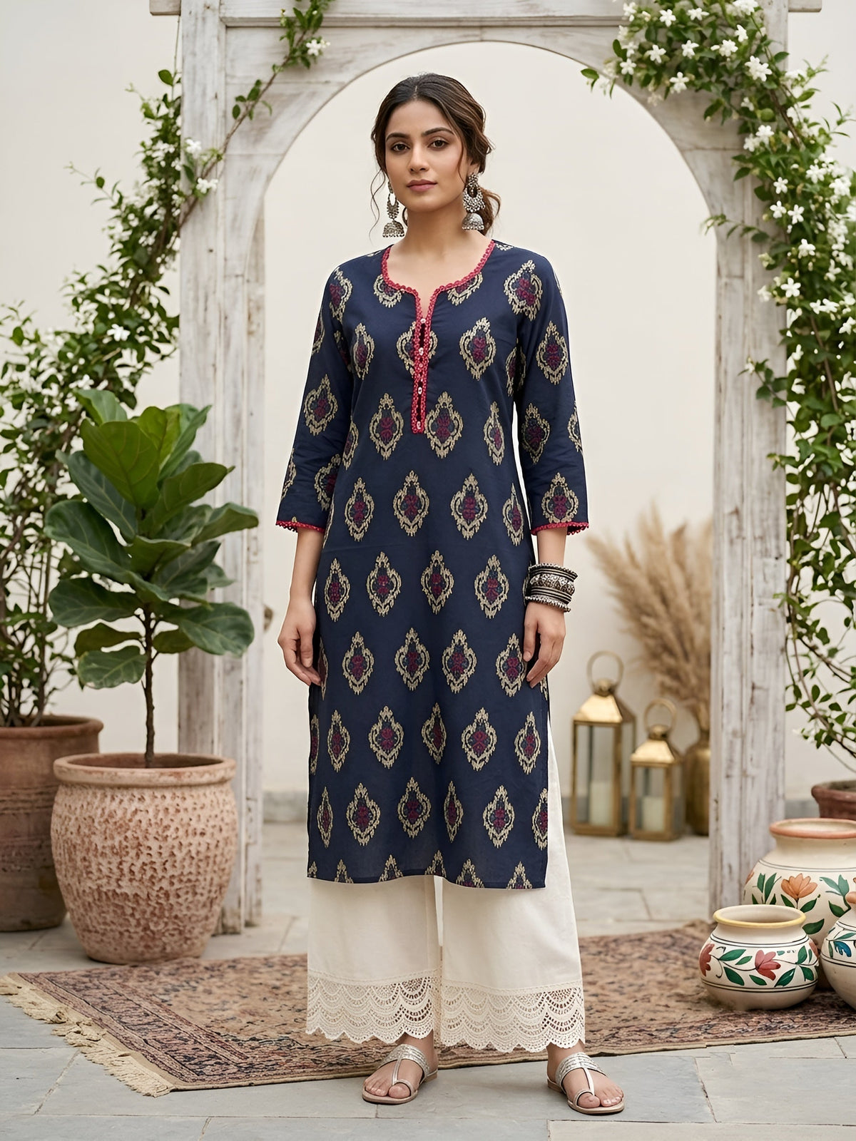 Blue Printed Straight Kurta with Three Quarter Sleeves