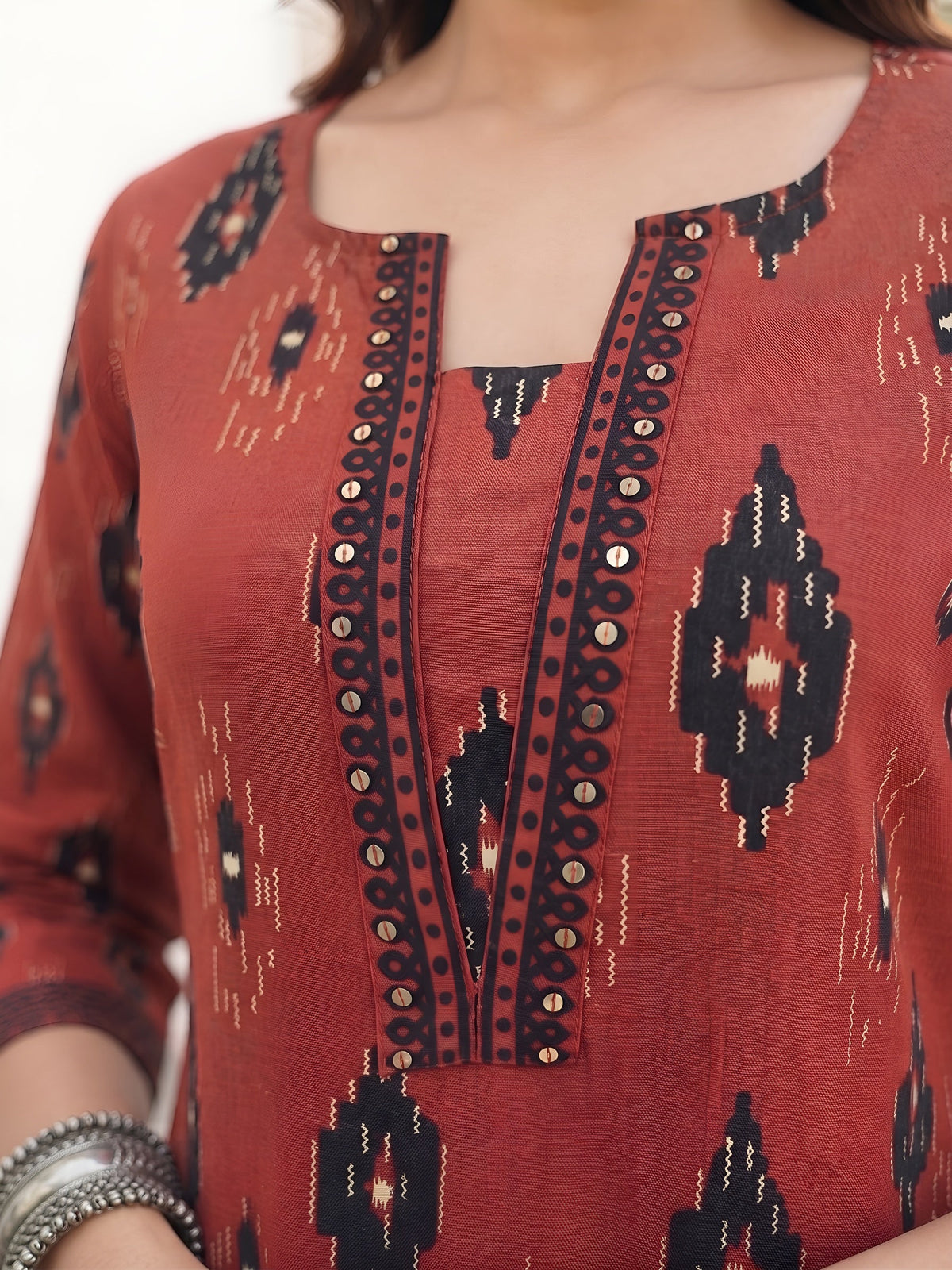 Maroon Printed Straight Kurta with Three Quarter Sleeves