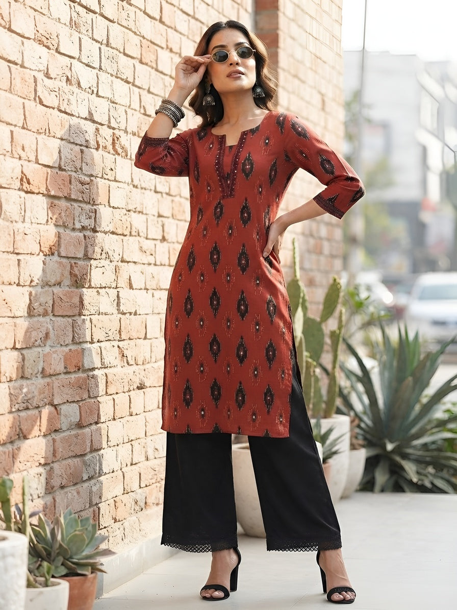 Maroon Printed Straight Kurta with Three Quarter Sleeves