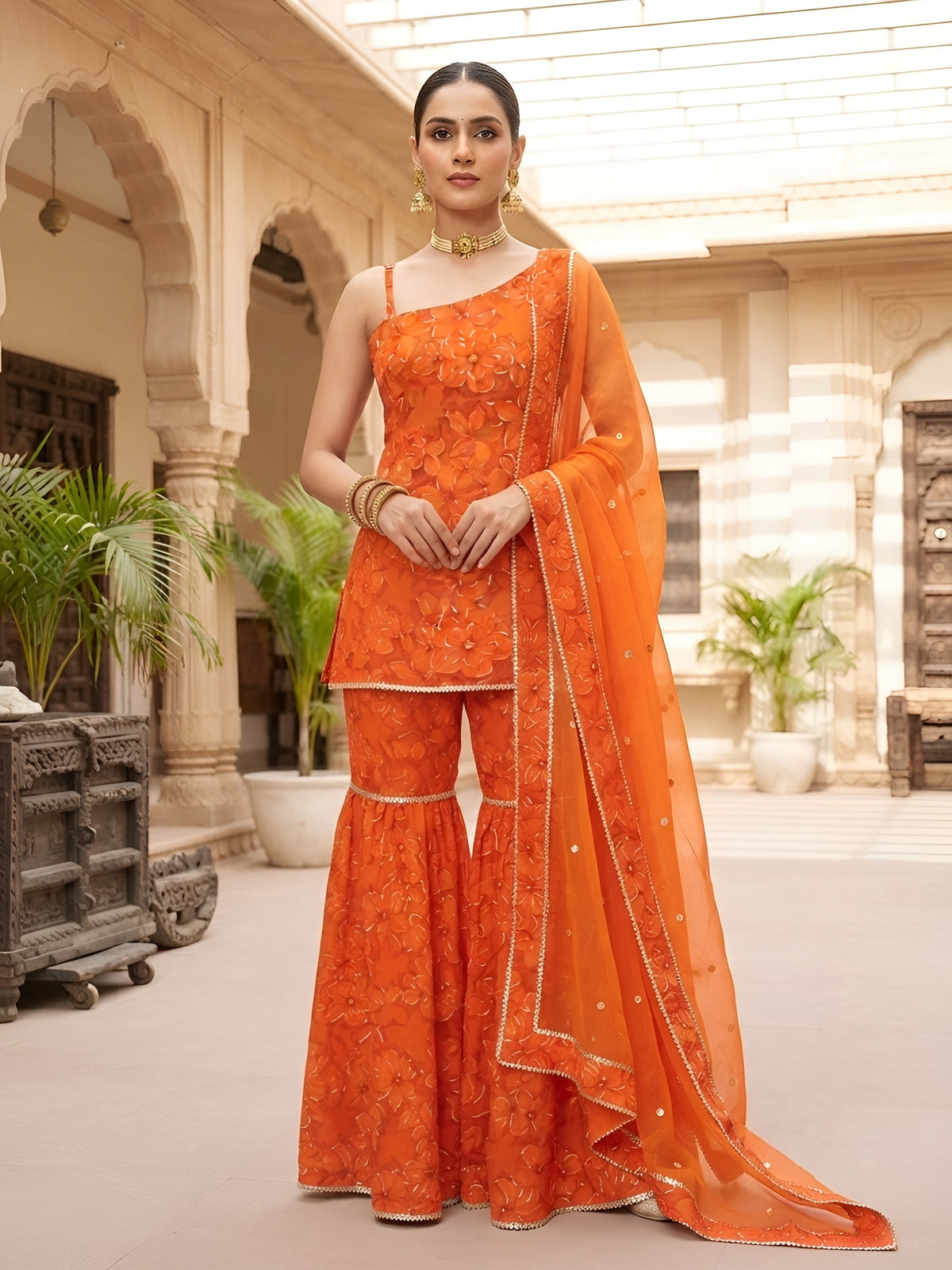 Priya Orange Straight Kurta Set With Dupatta for Women