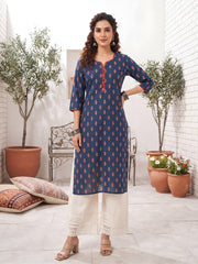 Blue Printed Straight Kurta with Three Quarter Sleeves