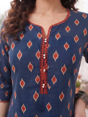 Blue Printed Straight Kurta with Three Quarter Sleeves