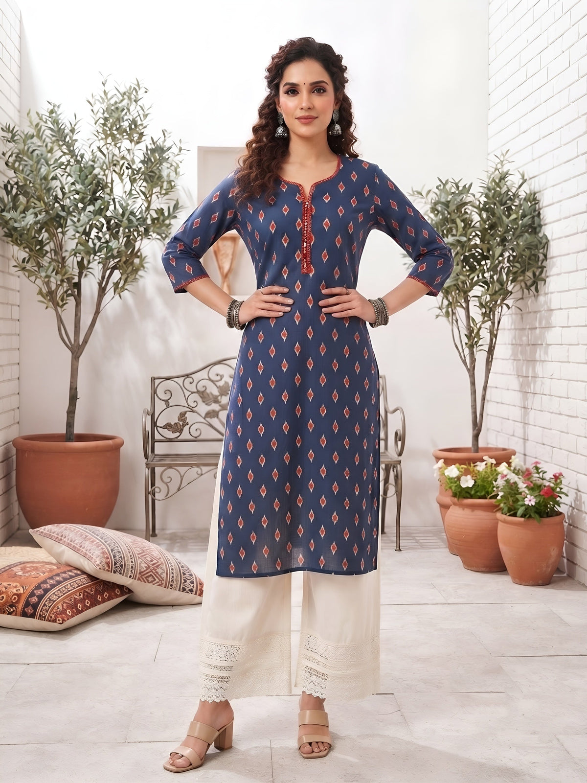 Blue Printed Straight Kurta with Three Quarter Sleeves