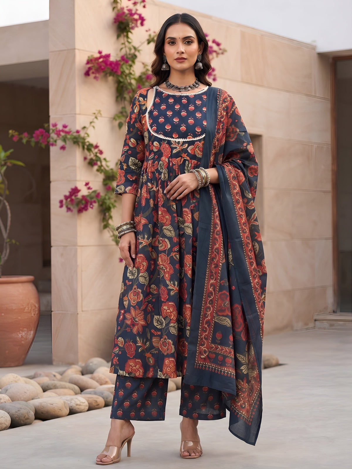 Kaara Blue Printed Anarkali Kurta Set With Dupatta for Women