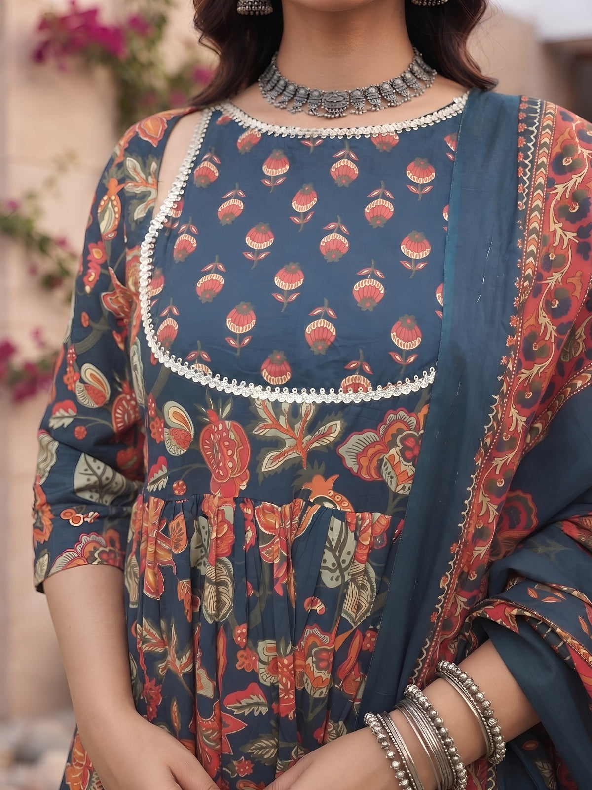 Kaara Blue Printed Anarkali Kurta Set With Dupatta for Women