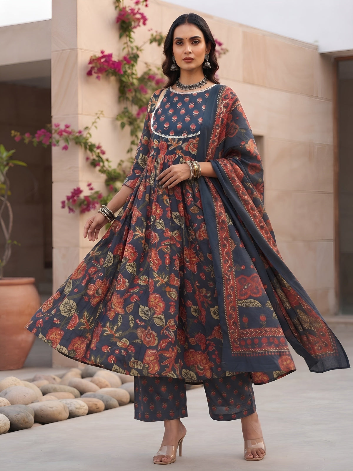 Kaara Blue Printed Anarkali Kurta Set With Dupatta for Women