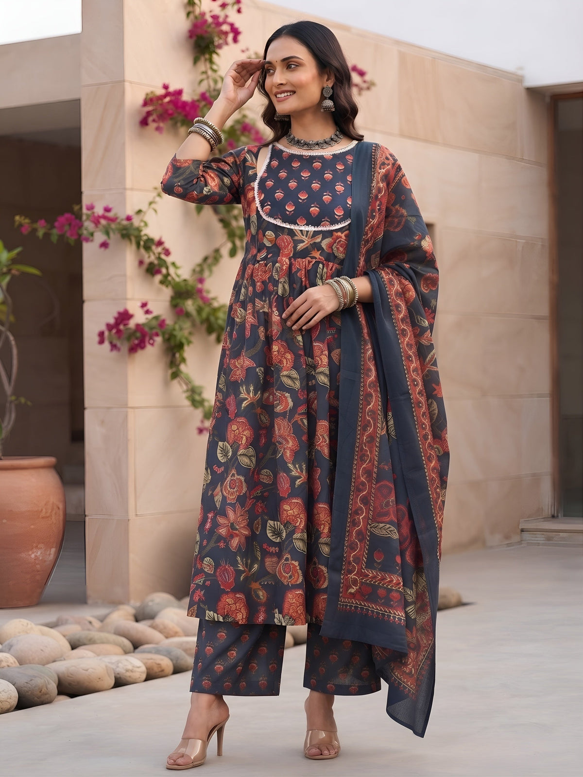 Kaara Blue Printed Anarkali Kurta Set With Dupatta for Women