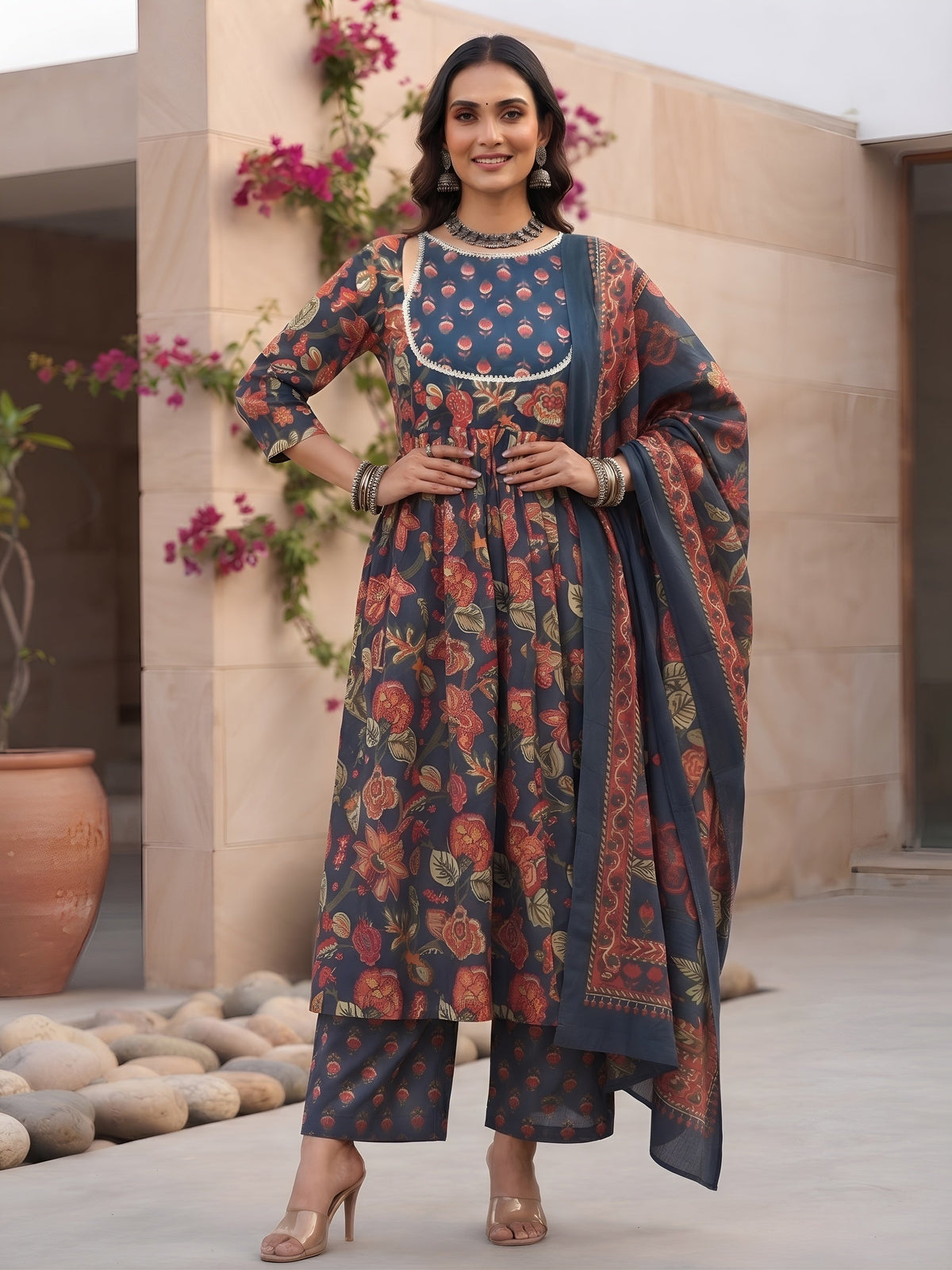 Kaara Blue Printed Anarkali Kurta Set With Dupatta for Women