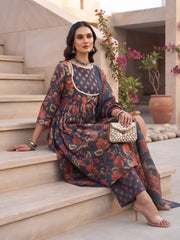 Kaara Blue Printed Anarkali Kurta Set With Dupatta for Women