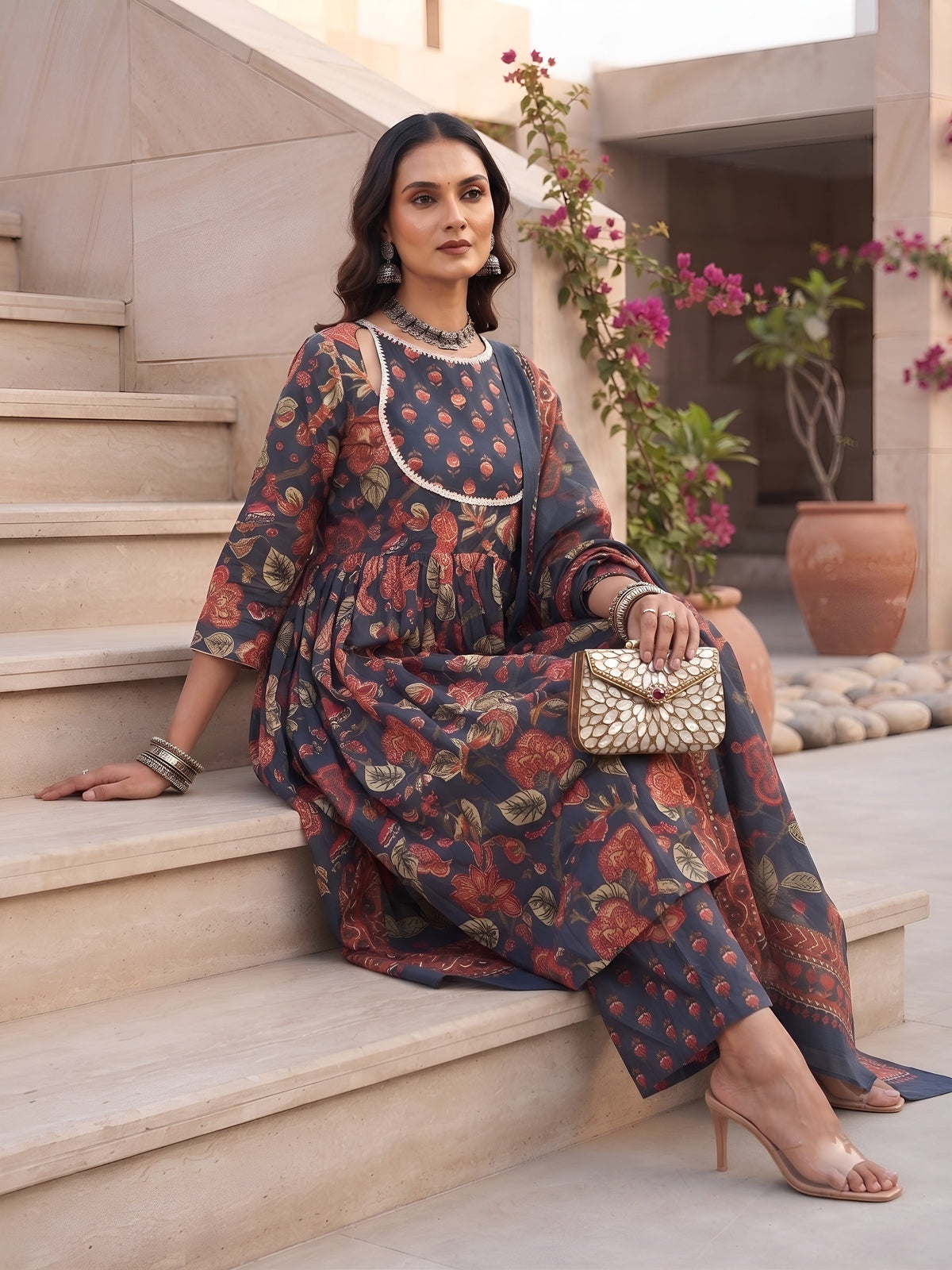 Kaara Blue Printed Anarkali Kurta Set With Dupatta for Women