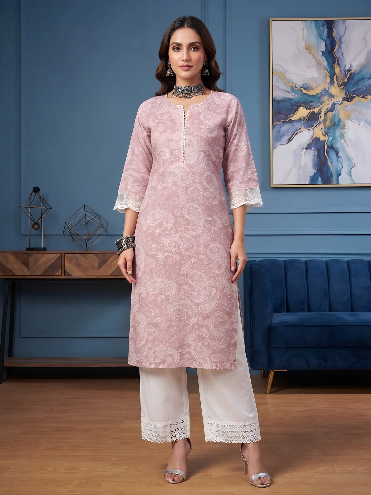 Mauve Printed Straight Kurta with Three Quarter Sleeves