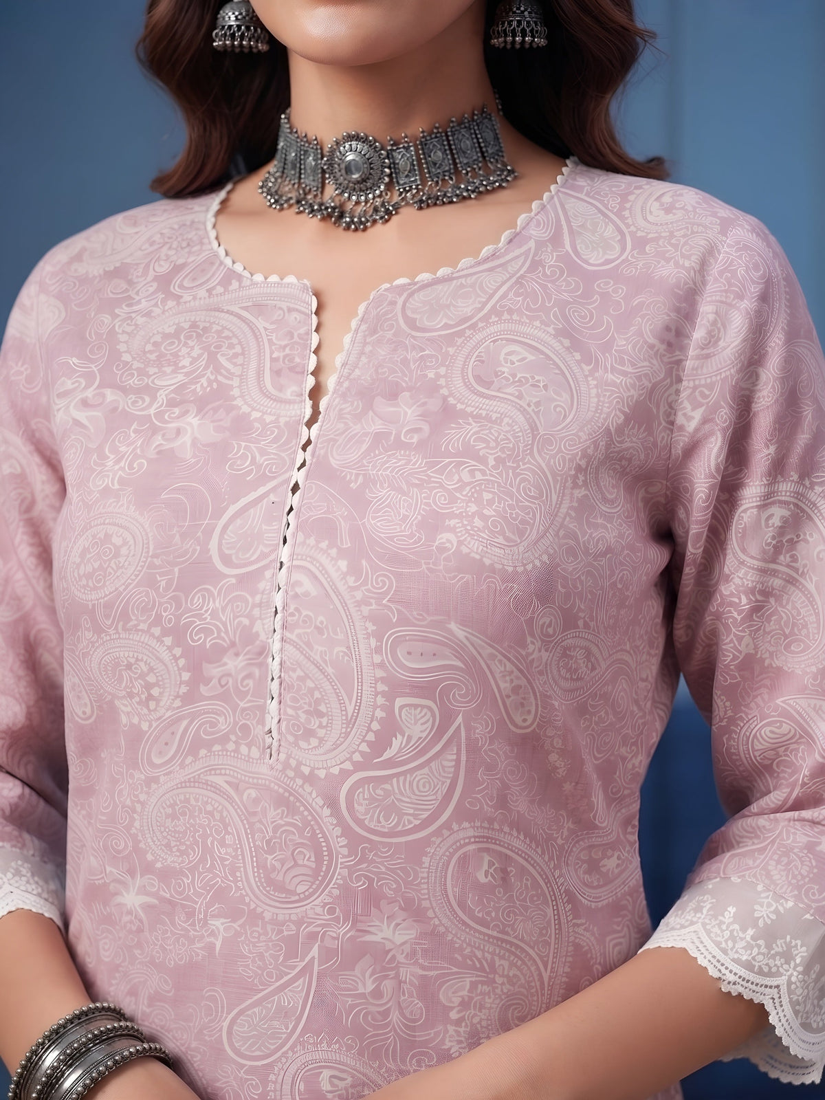 Mauve Printed Straight Kurta with Three Quarter Sleeves
