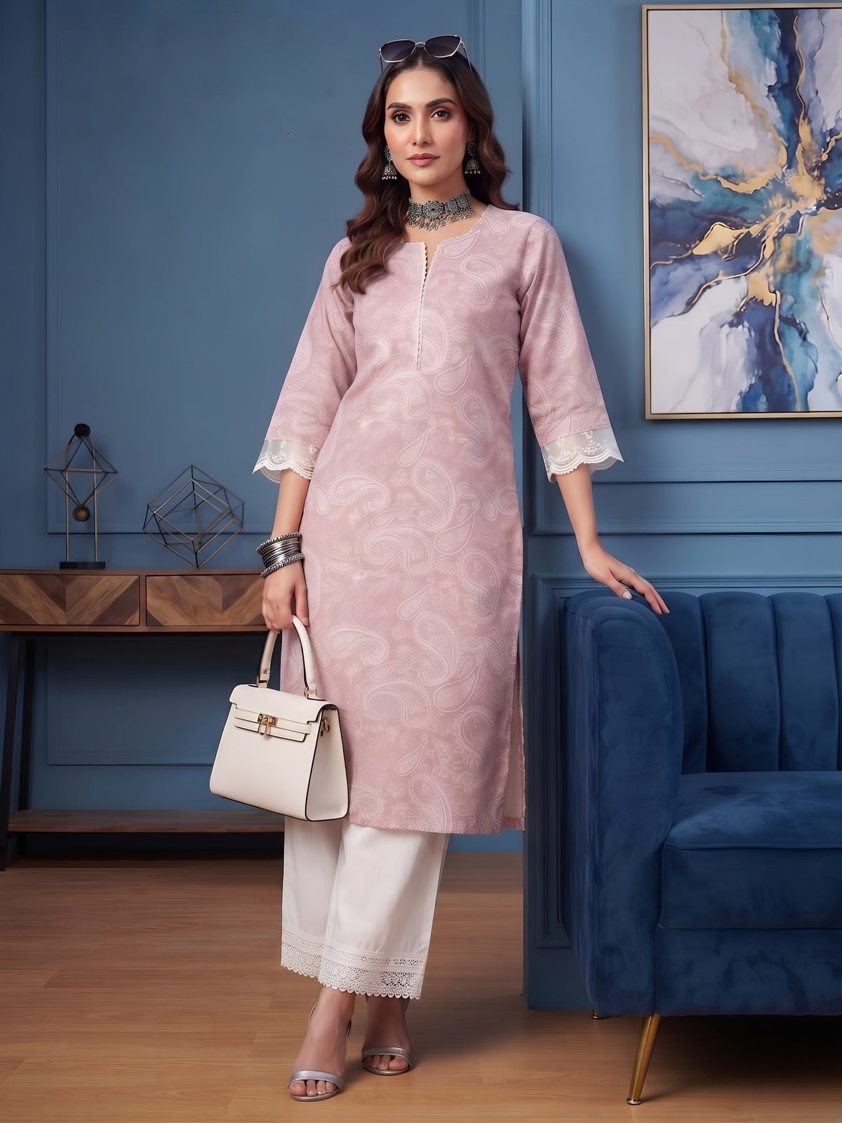 Mauve Printed Straight Kurta with Three Quarter Sleeves